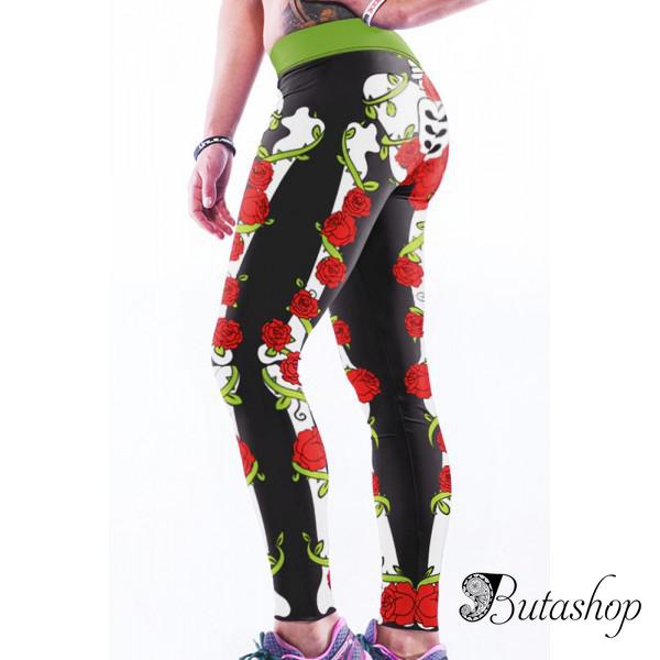 Леггинсы с необычным принтом роз на костях - www.butashop.com