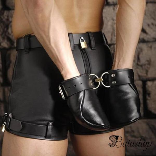 Черные экокожа перчатки-наручники - www.butashop.com