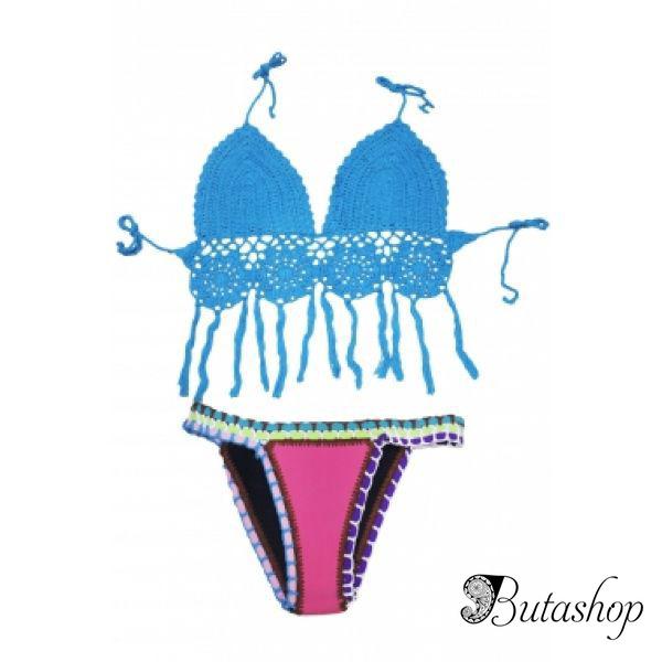 Синий купальник с вязаными вставками - www.butashop.com