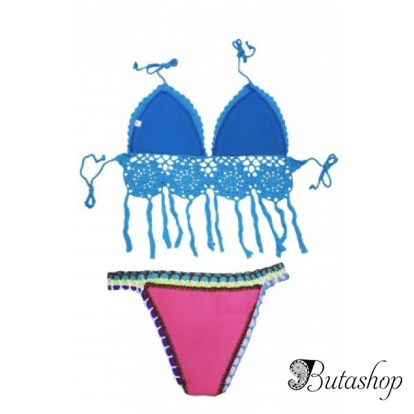 Синий купальник с вязаными вставками - www.butashop.com