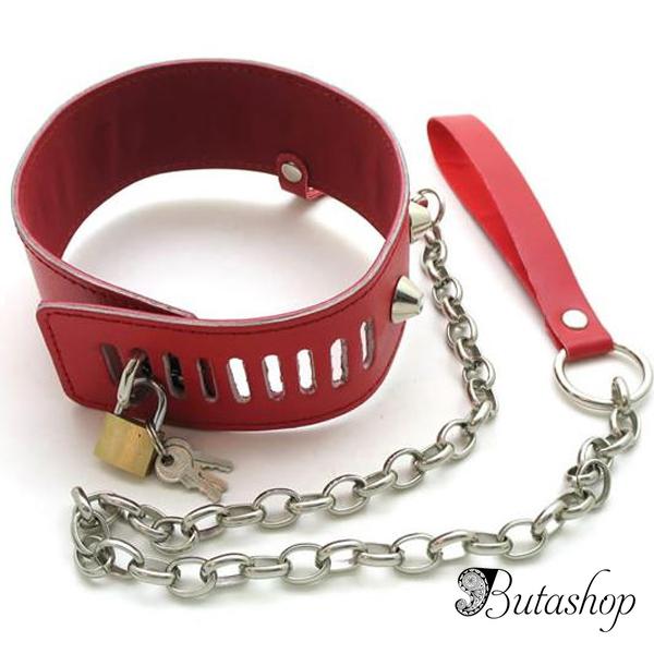 Современный стильный красный кожаный ошейник - www.butashop.com