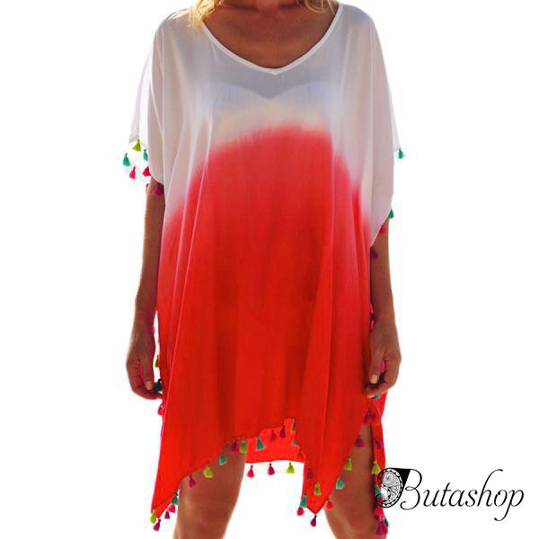 White Orange Tassel Beach Cover up - www.butashop.com