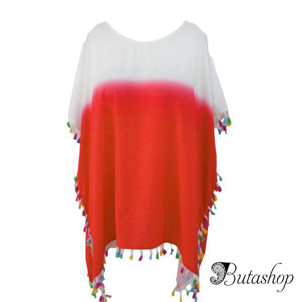 White Orange Tassel Beach Cover up - www.butashop.com
