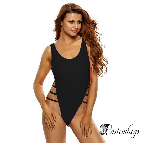 Черный сдельный купальник с переплетами - www.butashop.com