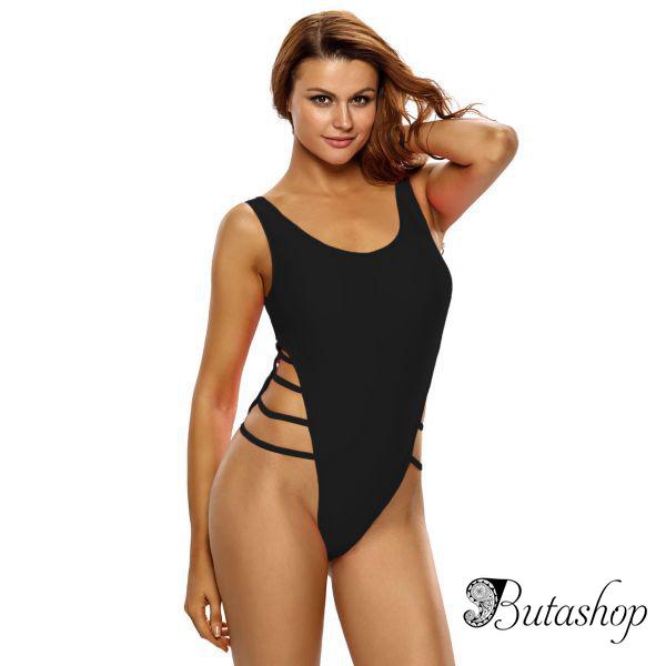 Черный сдельный купальник с переплетами - www.butashop.com