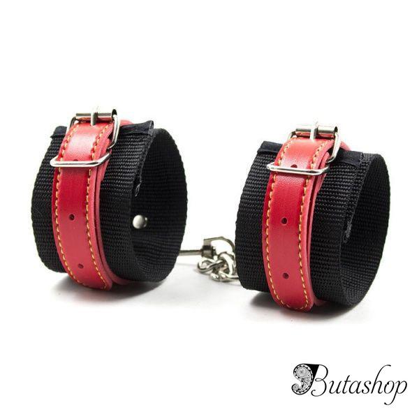 Черные наручники с кожаными красными ремнями - www.butashop.com