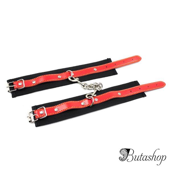 Черные наручники с кожаными красными ремнями - www.butashop.com