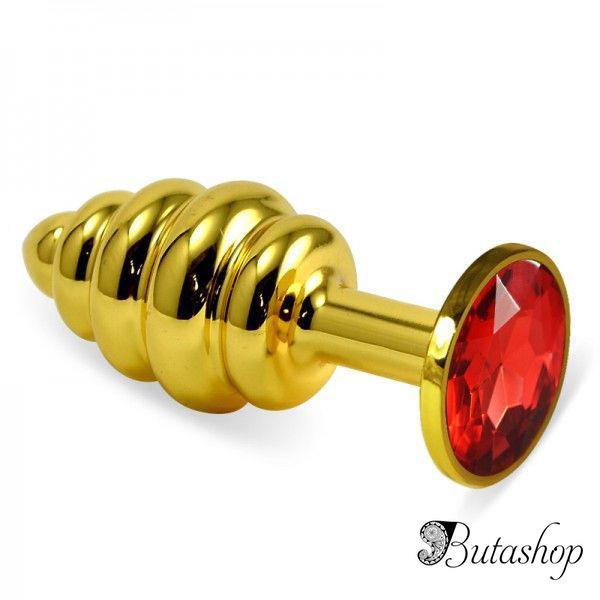 Ребристая анальная пробка золото, красный - www.butashop.com