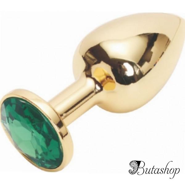 Золотая анальная пробка с зеленым кристаллом, средняя - www.butashop.com