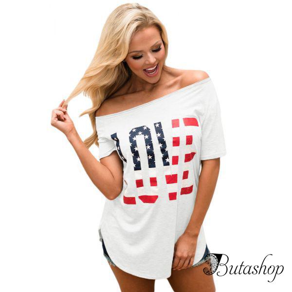 Белый топ с коротким рукавом с американским флагом и принтом LOVE - www.butashop.com
