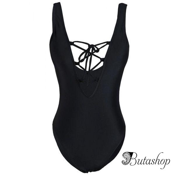 Слитный черный купальник с V образным декольте на шнуровке - www.butashop.com
