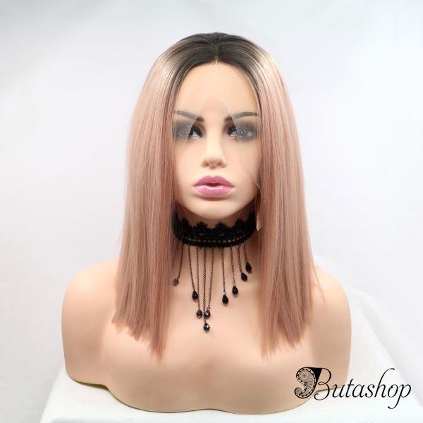 Реалистичный парик омбре на сетке пастельно розовые прямые волосы каре - www.butashop.com