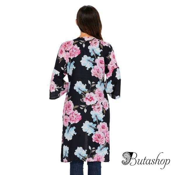 Black Floral Side Slit Boho Kimono - www.butashop.com