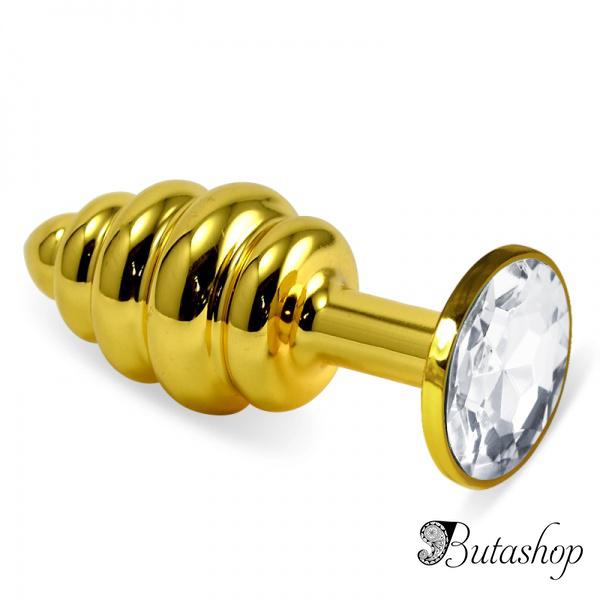 Ребристая анальная пробка золото, прозрачный - www.butashop.com