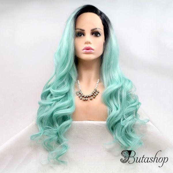 Длинное мятное омбре парик на сетке с черными корнями - www.butashop.com