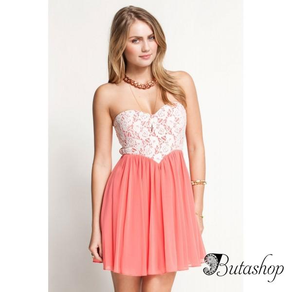 Роскошное мини-платье с кружевом розового цвета - www.butashop.com