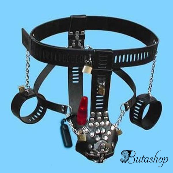 Черный мужской пояс верности с красным анальным прибором - www.butashop.com