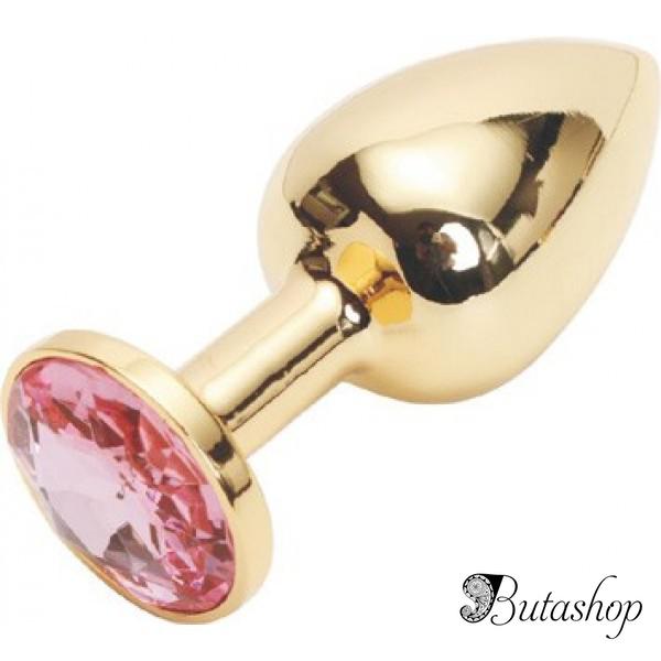 Золотая анальная пробка с розовым кристаллом, средняя - www.butashop.com