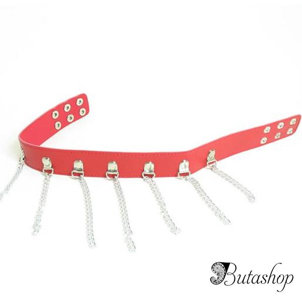 Красный кожаный ошейник с цепями - www.butashop.com