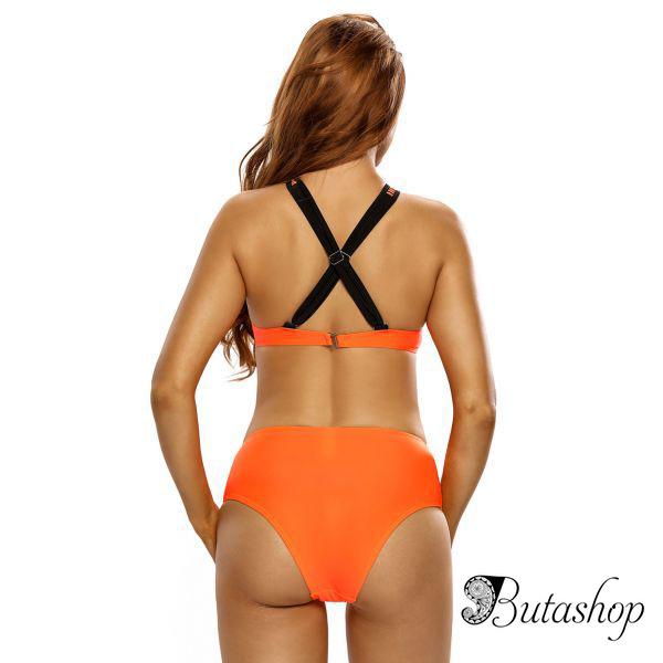 Orange High Neck Cross Back High Waist Swimsuit - www.butashop.com