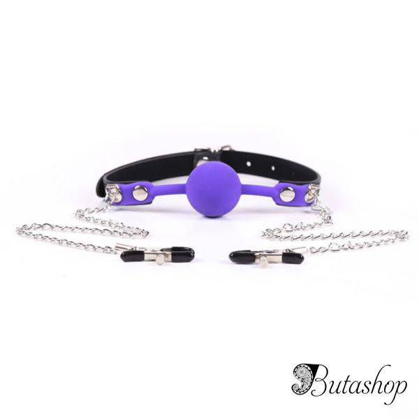 Зажимы для сосков с кляпом силиконовым в виде синего шарика - www.butashop.com