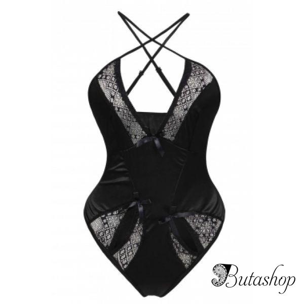 Gold Lace Detail Black Satin Teddy - www.butashop.com