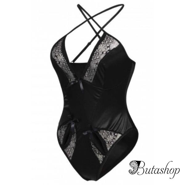 Gold Lace Detail Black Satin Teddy - www.butashop.com
