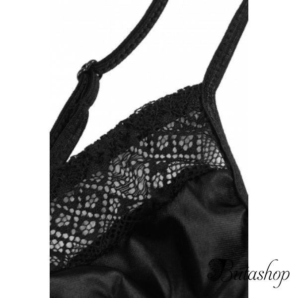 Gold Lace Detail Black Satin Teddy - www.butashop.com
