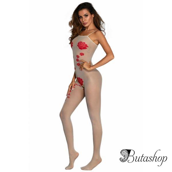Red Flower Pattern White Bodystocking Lingerie - www.butashop.com