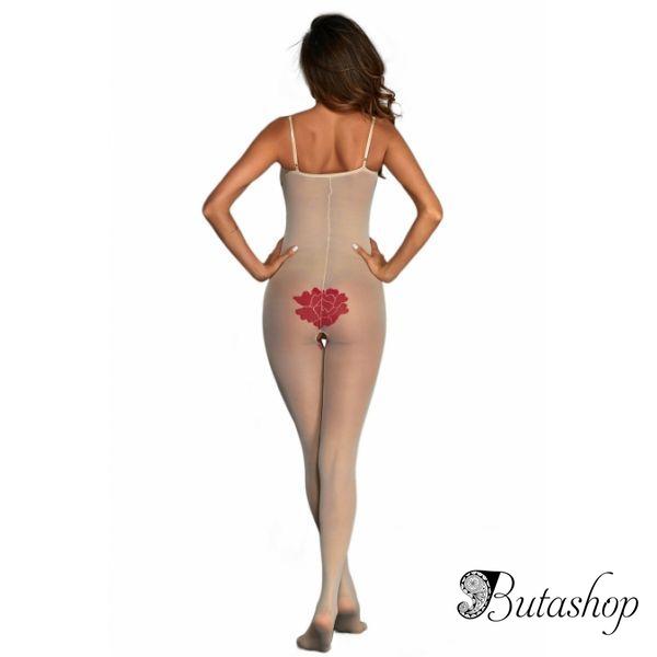 Red Flower Pattern White Bodystocking Lingerie - www.butashop.com