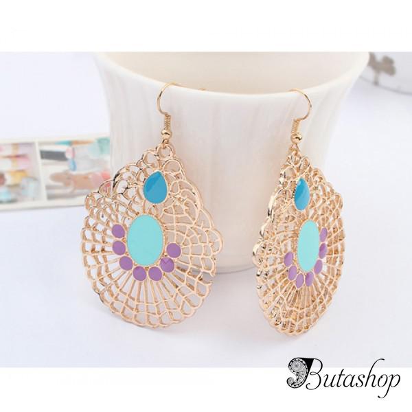 РАСПРОДАЖА! Элегантные золотистые серьги с голубыми камнями - www.butashop.com