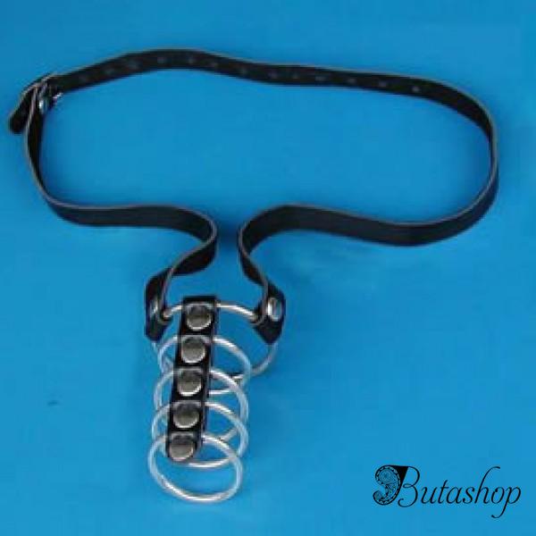 Кожаный фиксатор на пенис с пятью металлическими кольцами - www.butashop.com