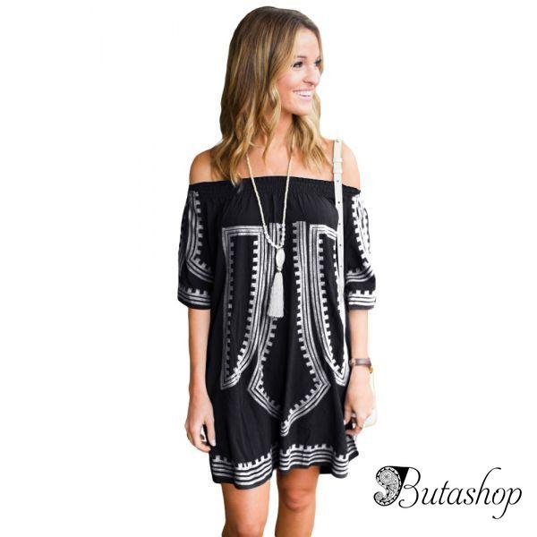 Black Bohemian Vibe Geometric Print Off The Shoulder Beach Dress - www.butashop.com