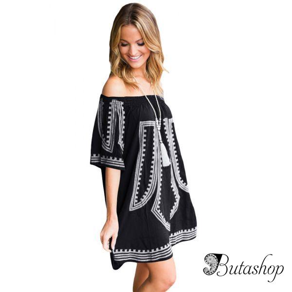 Black Bohemian Vibe Geometric Print Off The Shoulder Beach Dress - www.butashop.com