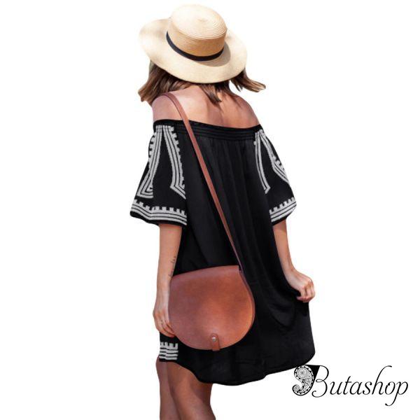 Black Bohemian Vibe Geometric Print Off The Shoulder Beach Dress - www.butashop.com