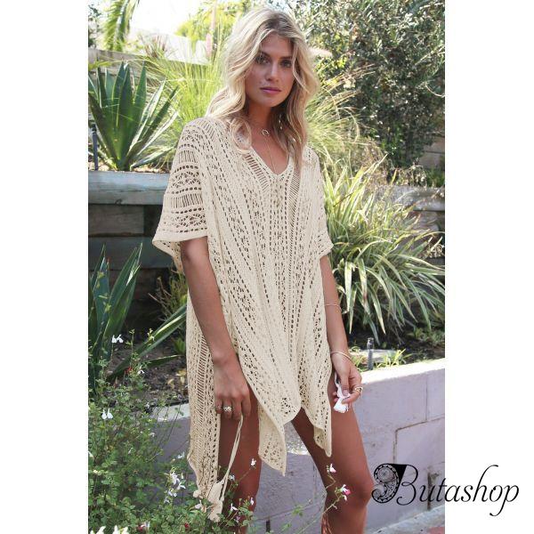 Apricot Crochet Knitted Tassel Tie Kimono Beachwear - www.butashop.com