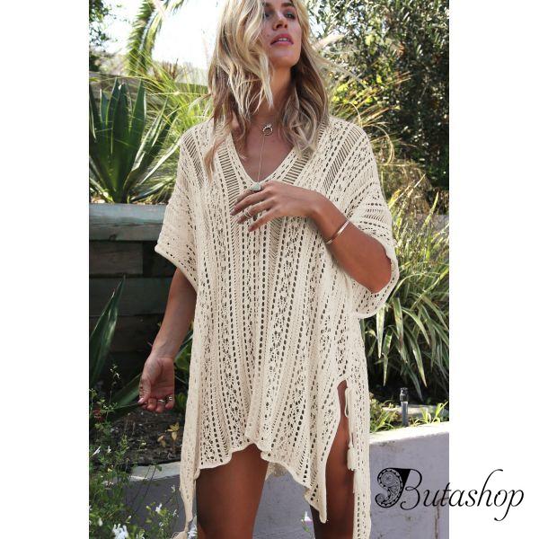 Apricot Crochet Knitted Tassel Tie Kimono Beachwear - www.butashop.com