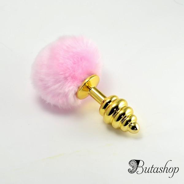 Анальная золотая пробка спиралькой с помпоном - www.butashop.com