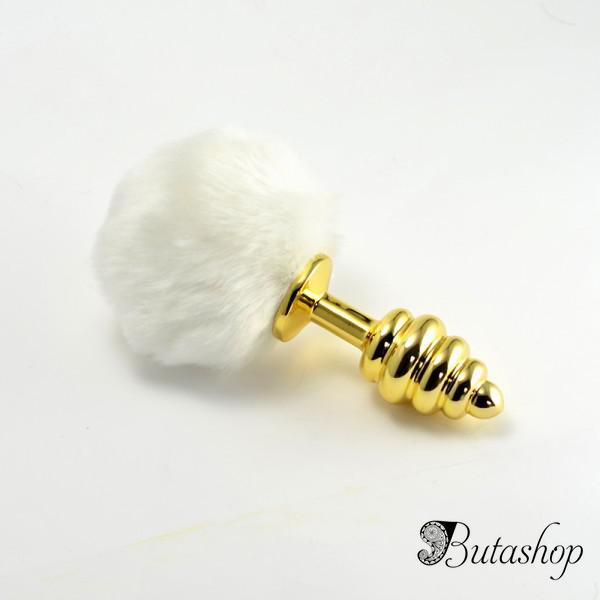 Анальная золотая пробка спиралькой с помпоном - www.butashop.com