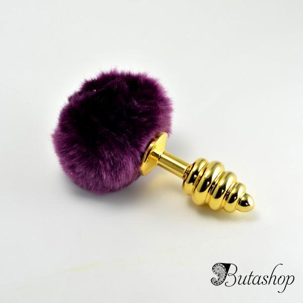 Анальная золотая пробка спиралькой с помпоном - www.butashop.com