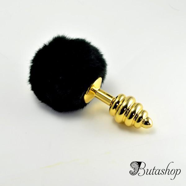 Анальная золотая пробка спиралькой с помпоном - www.butashop.com
