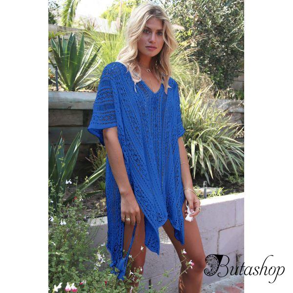 Cobalt Blue Crochet Knitted Tassel Tie Kimono Beachwear - www.butashop.com
