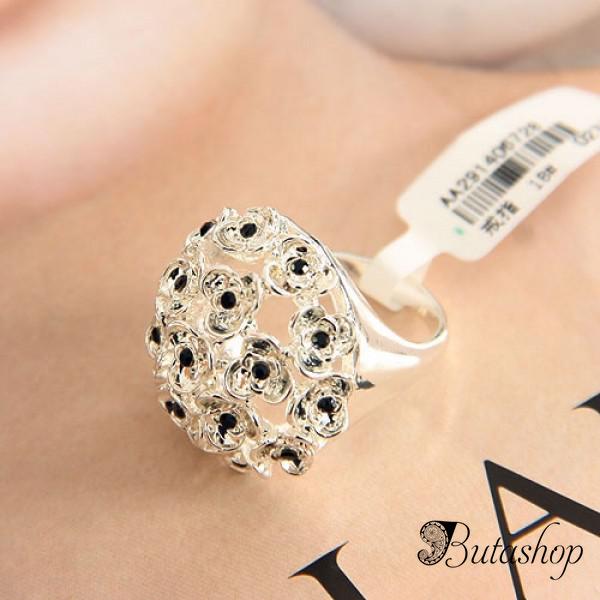 РАСПРОДАЖА! Кольцо с цветочками и черными камушками - www.butashop.com