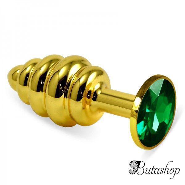 Ребристая анальная пробка золото, зеленый - www.butashop.com