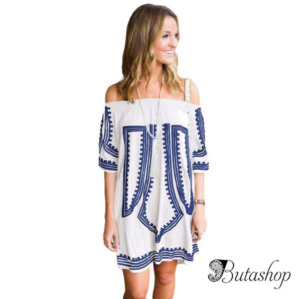 Белое платье с геометрическим принтом и открытыми плечами - www.butashop.com
