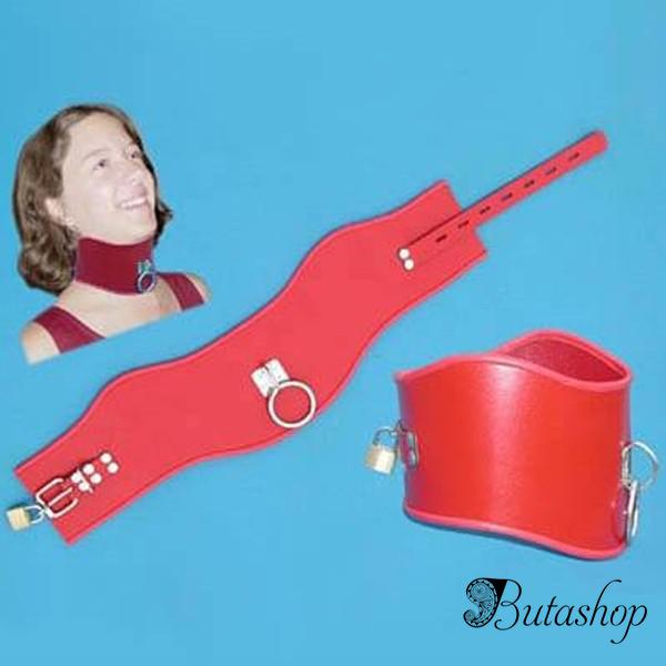 Красный кожаный широкий ошейник - www.butashop.com