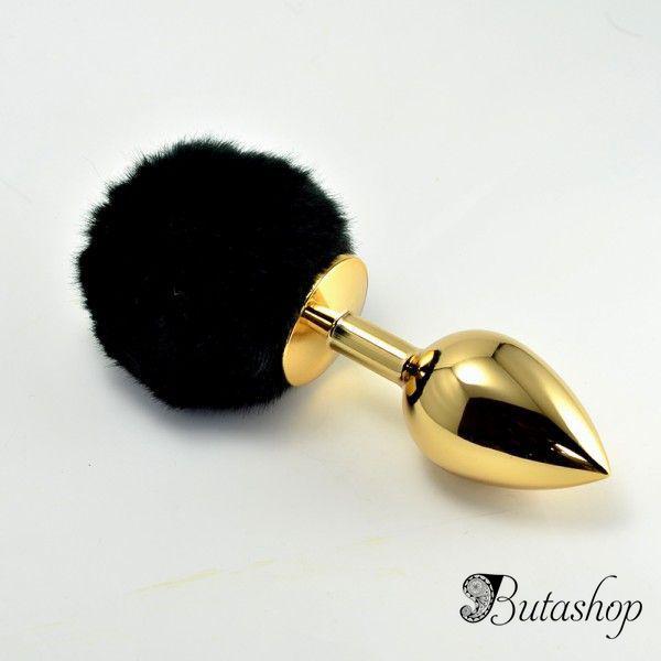 Золотая анальная игрушка с черным помпоном - www.butashop.com