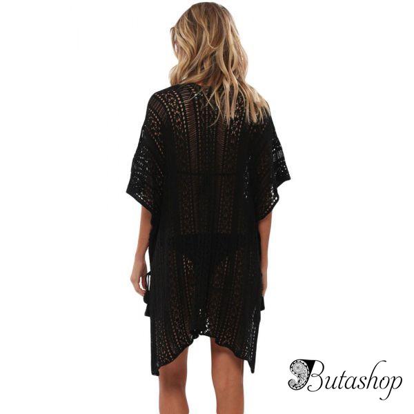 Black Crochet Knitted Tassel Tie Kimono Beachwear - www.butashop.com