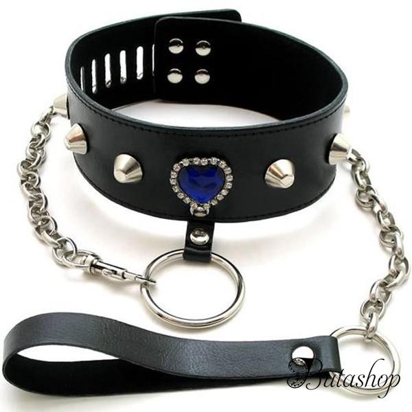 Современный черный кожаный ошейник с синим камнем в форме сердца - www.butashop.com