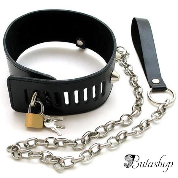 Современный черный кожаный ошейник с синим камнем в форме сердца - www.butashop.com
